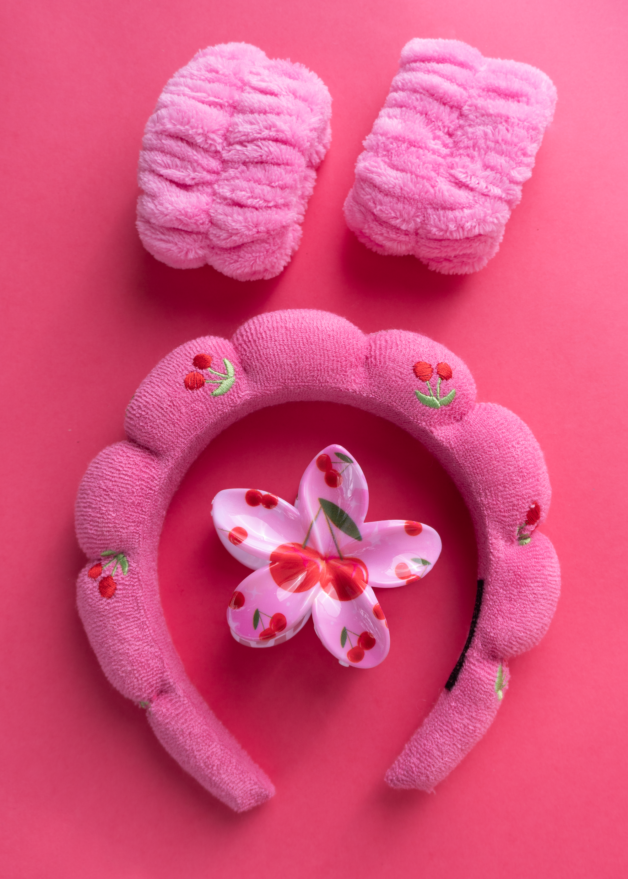 Set de Vincha y Muñequeras Absorbentes para Skincare Rosado Chicle