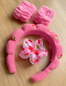 Set de Vincha y Muñequeras Absorbentes para Skincare Rosado Chicle