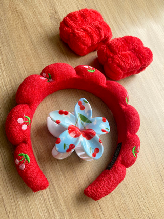 Set de Vincha y Muñequeras Absorbentes para Skincare Rojo