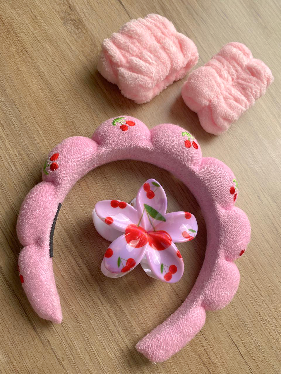 Set de Vincha y Muñequeras Absorbentes para Skincare Rosado Claro