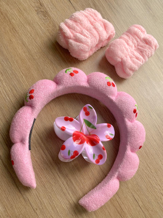Set de Vincha y Muñequeras Absorbentes para Skincare Rosado Claro